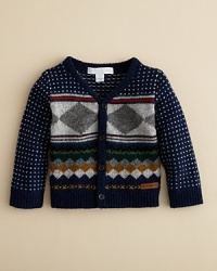 We love the warm combination of diamonds, stripes and dot patterns on this soft lambswool sweater from Burberry. We love the warm combination of diamonds, stripes and dot patterns on this soft lambswool sweater from Burberry.