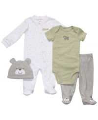Bear hugs are the best. Everyone will want to get their hands on your little guy when he's in this 4-piece coverall, bodysuit, pant and hat set from Carter's. Bear hugs are the best. Everyone will want to get their hands on your little guy when he's in this 4-piece coverall, bodysuit, pant and hat set from Carter's.