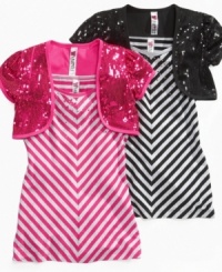 Stripe up. She'll look hip in this striped and sequined tank from Beautees, with a sequined shrug to throw on to add some cute coziness. Stripe up. She'll look hip in this striped and sequined tank from Beautees, with a sequined shrug to throw on to add some cute coziness.
