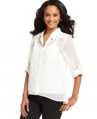Inspired by crisply tailored menswear, and elegant shirt from AGB is distinctly feminine in a sheer, gauzy fabric finished with chic rolled sleeves. Wear it loose with black pants or tucked into a skirt for office-ready polish. Inspired by crisply tailored menswear, and elegant shirt from AGB is distinctly feminine in a sheer, gauzy fabric finished with chic rolled sleeves. Wear it loose with black pants or tucked into a skirt for office-ready polish.