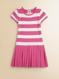 Bold stripes and pretty pleats add a glam touch to this frilly frock.CrewneckShort sleevesPullover styleSmall cargo pockets at chestDrop waistPleated skirt70% viscose/30% polyesterDry cleanImported Bold stripes and pretty pleats add a glam touch to this frilly frock.CrewneckShort sleevesPullover styleSmall cargo pockets at chestDrop waistPleated skirt70% viscose/30% polyesterDry cleanImported