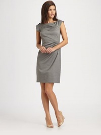 A sophisticated shift with flattering gathered details on front and a pretty ruffle cap sleeve. BoatneckSubtle asymmetrical sleevesGathered front detailsConcealed back zipperFully linedAbout 24 from natural waist51% viscose/47% virgin wool/2% elastaneDry cleanImported Model shown is 5'9½ (176cm) wearing US size 4. A sophisticated shift with flattering gathered details on front and a pretty ruffle cap sleeve. BoatneckSubtle asymmetrical sleevesGathered front detailsConcealed back zipperFully linedAbout 24 from natural waist51% viscose/47% virgin wool/2% elastaneDry cleanImported Model shown is 5'9½ (176cm) wearing US size 4.