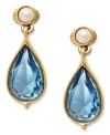 Lauren by Ralph Lauren adds grace to your look with this iconic style. Teardrop-shaped blue acrylic combines with glass pearls (4 mm) in 14k gold-plated mixed metal. Earrings feature a clip-on backing for non-pierced ears. Approximate drop: 1 inch.