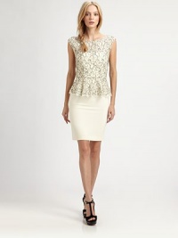 The must-have peplum silhouette finished delicate lace at the bodice and an enticing back cutout.BoatneckExtended shouldersFitted skirtCenter back zipperAbout 21 from natural waist60% nylon/20% cotton/20% polyesterDry cleanImportedModel shown is 5'9 (175cm) wearing US size 4. The must-have peplum silhouette finished delicate lace at the bodice and an enticing back cutout.BoatneckExtended shouldersFitted skirtCenter back zipperAbout 21 from natural waist60% nylon/20% cotton/20% polyesterDry cleanImportedModel shown is 5'9 (175cm) wearing US size 4.