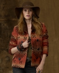 Tailored in a fitted silhouette for a chic look, Denim & Supply Ralph Lauren's vintage-inspired wool pea coat exudes refined bohemian style with a bold jacquard pattern and a luxe shearling shawl collar. Tailored in a fitted silhouette for a chic look, Denim & Supply Ralph Lauren's vintage-inspired wool pea coat exudes refined bohemian style with a bold jacquard pattern and a luxe shearling shawl collar.