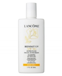 Introducing Bienfait UV SPF 50+ Super Fluid Facial Sunscreen For All Skin Types Perfect UV shield to wear every day over your Lancôme moisturizer, under makeup or alone for fun in the sun. Lightweight, oil-free, non-comedogenic sunscreen offers broad spectrum, SPF 50+, UVA/UVB protection. High SPF gives skin more protection from UVB rays that cause sunburn and UVA rays that contribute to skin damage and premature skin aging. Retains SPF after 40 minutes of activity in the water or perspiring. Glides on smoothly; leaves skin with a soft matte finish. Introducing Bienfait UV SPF 50+ Super Fluid Facial Sunscreen For All Skin Types Perfect UV shield to wear every day over your Lancôme moisturizer, under makeup or alone for fun in the sun. Lightweight, oil-free, non-comedogenic sunscreen offers broad spectrum, SPF 50+, UVA/UVB protection. High SPF gives skin more protection from UVB rays that cause sunburn and UVA rays that contribute to skin damage and premature skin aging. Retains SPF after 40 minutes of activity in the water or perspiring. Glides on smoothly; leaves skin with a soft matte finish.
