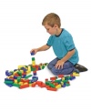 100 wooden blocks in four colors and nine shapes for your little builder to stack, build, and knock down!