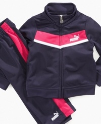 She'll pull off sporty in smooth style with one of these sweet track jacket and pant sets from Puma. She'll pull off sporty in smooth style with one of these sweet track jacket and pant sets from Puma.