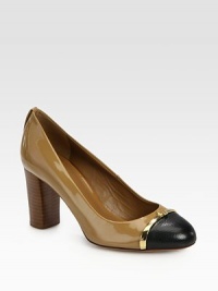 Goldtone trim adds polished style to this patent design with a smooth leather cap toe. Stacked heel, 3 (75mm)Patent leather upper with leather cap toeLeather lining and solePadded insoleImported Goldtone trim adds polished style to this patent design with a smooth leather cap toe. Stacked heel, 3 (75mm)Patent leather upper with leather cap toeLeather lining and solePadded insoleImported