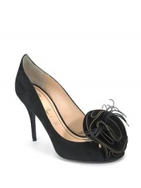 THE LOOKRich suede upperLarge suede rose accentPeep toeSelf-covered heel, 4(100mm)THE MATERIALSuede upperLeather lining and soleORIGINMade in Italy THE LOOKRich suede upperLarge suede rose accentPeep toeSelf-covered heel, 4(100mm)THE MATERIALSuede upperLeather lining and soleORIGINMade in Italy