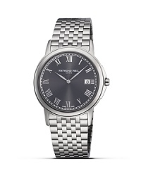 For a sophisticated look that is steeped in tradition, Raymond Weil offers this handsome stainless steel watch, with an easy-to-read, gray Roman numeral dial, date display and hinged stainless steel band. For a sophisticated look that is steeped in tradition, Raymond Weil offers this handsome stainless steel watch, with an easy-to-read, gray Roman numeral dial, date display and hinged stainless steel band.