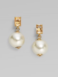 Lustrous faux pearls dangle from glowing clear beads in these classic yet fun drops.Acrylic and epoxy 12k goldplated Drop, about 1 Post back Imported