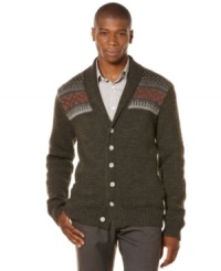 Handsome shawl collar cardigan by Perry Ellis designed with subtle and unique patterns at chest. Handsome shawl collar cardigan by Perry Ellis designed with subtle and unique patterns at chest.