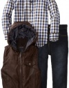 Kenneth Cole Boys 2-7 Puffy Vest with Plaid Shirt and Jean