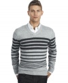 This striped Kenneth Cole Reaction sweater will add a cool preppy vibe to your winter wardrobe.