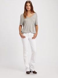 Crisp, bright denim in a super-flattering, super-slim cut.THE FITFitted through hips and thighs Rise, about Inseam, aboutTHE DETAILSZip fly Five-pocket style Signature stitching on back pockets 98% cotton/2% spandex; machine wash Made in USA Crisp, bright denim in a super-flattering, super-slim cut.THE FITFitted through hips and thighs Rise, about Inseam, aboutTHE DETAILSZip fly Five-pocket style Signature stitching on back pockets 98% cotton/2% spandex; machine wash Made in USA