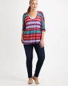Brightly striped, an easy pullover with modern elbow-length sleeves.V-neckElbow-length sleevesPull-on styleAbout 29 from shoulder to hemMicro modalHand washMade in USA