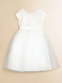A pretty special occasion silhouette features a woven silk organza bodice atop a frothy tulle skirt. Cap sleevesCovered buttons over the hidden back zipperNatural waist with sash detailFully linedSilk/tulleDry cleanImported A pretty special occasion silhouette features a woven silk organza bodice atop a frothy tulle skirt. Cap sleevesCovered buttons over the hidden back zipperNatural waist with sash detailFully linedSilk/tulleDry cleanImported