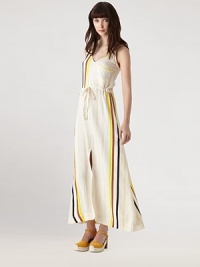 Airy, goddess-inspired v-neck in a retro striped print has a drawstring waistband, front slit and plunging v-back. V-neckSpaghetti strapsV-backDrawstring waistbandFront slitAbout 39 from natural waistCottonHand washImportedModel shown is 5'10 (177cm) wearing US size Small. Airy, goddess-inspired v-neck in a retro striped print has a drawstring waistband, front slit and plunging v-back. V-neckSpaghetti strapsV-backDrawstring waistbandFront slitAbout 39 from natural waistCottonHand washImportedModel shown is 5'10 (177cm) wearing US size Small.