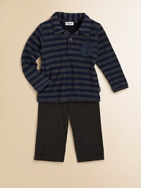 This handsome, matching set features a grown-up polo shirt with dapper stripes, patch pocket and cozy pants. Shirt Shirt collarLong sleevesButton-frontPatch pocket Pants Elastic waistband75% cotton/25% polyesterMachine washImported Please note: Number of buttons may vary depending on size ordered. This handsome, matching set features a grown-up polo shirt with dapper stripes, patch pocket and cozy pants. Shirt Shirt collarLong sleevesButton-frontPatch pocket Pants Elastic waistband75% cotton/25% polyesterMachine washImported Please note: Number of buttons may vary depending on size ordered.