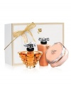 For the holidays, Trésor captures the spirit of eternal love. This collection combines the elegance of rose, muguet and lilac with the sparkle of peach and apricot blossom for an elegant and radiant fragrance.Gift set includes: Trésor Fragrance Spray 3.4 fl. oz., Trésor Body Crème 5.3 fl. oz. and Trésor Shower Gel 3.4 fl. oz.