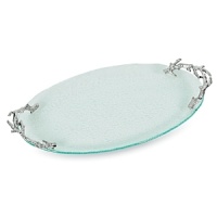 Inspired by the sparkling clarity of the ocean's surface, this oval glass platter will make the perfect centerpiece at your next seafood-centric party. The handles are nickel plate coral branches. Inspired by the sparkling clarity of the ocean's surface, this oval glass platter will make the perfect centerpiece at your next seafood-centric party. The handles are nickel plate coral branches.