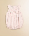 A beautiful one-piece knit adorned with delicate lace trim and a sweet bow.CrewneckSleevelessBack zipperLace bodiceBottom snapsElastic leg openingsCotton with polyamide trimMachine washImported Please note: Number of snaps may vary depending on size ordered. 