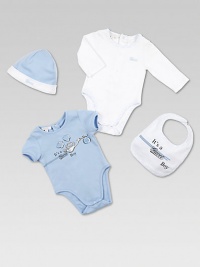 The perfect baby boy gift set with two bodysuits, hat and bib in ultra-soft cotton, adorned with Gucci logo print. Bodysuits CrewneckShort and long sleevesBack snapsBottom snaps Bib Adjustable snaps closureCottonMachine washMade in Italy Please note: Number of snaps may vary depending on size ordered. The perfect baby boy gift set with two bodysuits, hat and bib in ultra-soft cotton, adorned with Gucci logo print. Bodysuits CrewneckShort and long sleevesBack snapsBottom snaps Bib Adjustable snaps closureCottonMachine washMade in Italy Please note: Number of snaps may vary depending on size ordered.