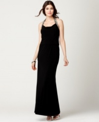 JS Boutique elongates the little black dress into this elegant evening gown, adding a dash of sparkle with a beaded halter neckline. (Clearance) JS Boutique elongates the little black dress into this elegant evening gown, adding a dash of sparkle with a beaded halter neckline. (Clearance)