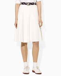 Our preppy A-line skirt in a breathable viscose blend is lined in silk for a luxurious, soft-hand feel. Our preppy A-line skirt in a breathable viscose blend is lined in silk for a luxurious, soft-hand feel.
