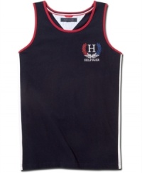 Athletic aesthetic. Clean lines on this Guilford tank from Tommy Hilfiger make it a stylish choice to throw on before a workout or big game. Athletic aesthetic. Clean lines on this Guilford tank from Tommy Hilfiger make it a stylish choice to throw on before a workout or big game.