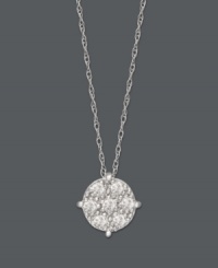 Let style come full circle in this dazzling diamond pendant. A cluster of round-cut diamonds (1/5 ct. t.w.) shine against a 14k white gold setting. Approximate length: 18 inches. Approximate drop: 3/8 inch. Let style come full circle in this dazzling diamond pendant. A cluster of round-cut diamonds (1/5 ct. t.w.) shine against a 14k white gold setting. Approximate length: 18 inches. Approximate drop: 3/8 inch.