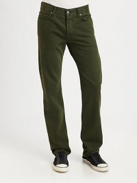 Designed to offer more comfort with a slim look, this fit is roomier in the rise, thigh and lower hip with a wider front leg for a more masculine feel.Five-pocket styleInseam, about 34CottonMachine washMade in USA Designed to offer more comfort with a slim look, this fit is roomier in the rise, thigh and lower hip with a wider front leg for a more masculine feel.Five-pocket styleInseam, about 34CottonMachine washMade in USA
