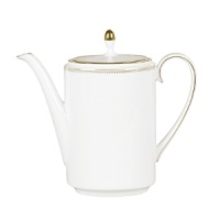 Rings of gold adorn fine white bone china with the lustrous shine of a wedding band. White bone china features two different border trims of gold, a wide corded border of textured grosgrain ribbon on some pieces, a narrow edge on others. Rings of gold adorn fine white bone china with the lustrous shine of a wedding band. White bone china features two different border trims of gold, a wide corded border of textured grosgrain ribbon on some pieces, a narrow edge on others.
