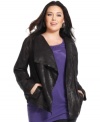 Layer your fave fall looks with DKNY Jeans plus size jacket, featuring a smooth faux suede finish.