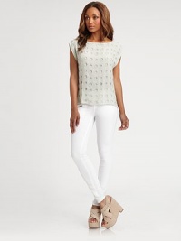 Sequined circle cutouts add a layered look this boxy silk blouse.BoatneckExtended shouldersFlat frontSilkDry cleanImportedModel shown is 5'10 (177cm) wearing US size Small. Sequined circle cutouts add a layered look this boxy silk blouse.BoatneckExtended shouldersFlat frontSilkDry cleanImportedModel shown is 5'10 (177cm) wearing US size Small.
