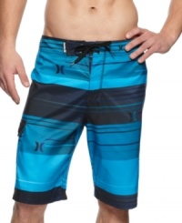 Dive into style and comfort with these striped Hurley board shorts. Dive into style and comfort with these striped Hurley board shorts.