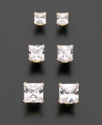 This set of cubic zirconia earrings will complement your versatile style. Princess-cut cubic zirconia are set in 14k gold. Includes 1/2 ct. t.w., 1-1/4 ct. t.w. and 2-1/4 ct. t.w.
