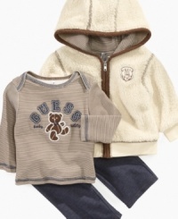 This hoodie, pants, and printed shirt set by Guess is un-bearable cute. This hoodie, pants, and printed shirt set by Guess is un-bearable cute.