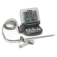 Presettable alarm temperature range from 32°F to 392°F. Timer & thermometer work simultaneously or individually. Memory function saves last used temperature. 5 minute alarm. Extra long 43 high-heat probe wire Presettable alarm temperature range from 32°F to 392°F. Timer & thermometer work simultaneously or individually. Memory function saves last used temperature. 5 minute alarm. Extra long 43 high-heat probe wire