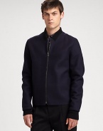 Woven cotton and knit trim create this sporty zip-front jacket.Front zipperKnit trimAbout 26 from shoulder to hemCottonDry cleanImported of Italian fabric