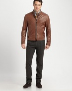 Ribbed knit banding, uniquely placed at the collar, shoulder and hem enhance the blousy effect of this jacket rendered in luxuriously soft lambskin leather.Two-way zip frontStand collarSide slash pocketsRibbed knit collar, shoulder and hem detailFully linedAbout 26 from shoulder to hemLeatherDry cleanImported