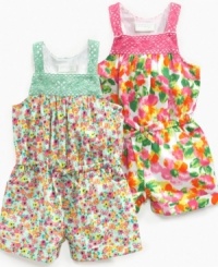 As delicate as a flower. Show off her sweet, girlie side with this crochet-accented romper from First Impressions. As delicate as a flower. Show off her sweet, girlie side with this crochet-accented romper from First Impressions.