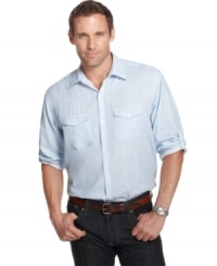 Calvin Klein, the master of modern minimalism, brings a pattern to your look with this subdued striped shirt. (Clearance) Calvin Klein, the master of modern minimalism, brings a pattern to your look with this subdued striped shirt. (Clearance)