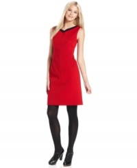 T Tahari's latest sheath is made modern with a contrasting trim at the neckline and sleek fit.