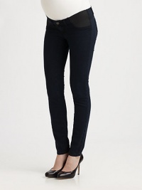 Sleek slim-fit hip huggers with a lower waist are perfect for the expectant mom.THE FITSlim-fit Inseam, about 29THE DETAILSBelt loops Front zip fly and button closure Cotton/polyester/lycra; machine wash Made in USA Sleek slim-fit hip huggers with a lower waist are perfect for the expectant mom.THE FITSlim-fit Inseam, about 29THE DETAILSBelt loops Front zip fly and button closure Cotton/polyester/lycra; machine wash Made in USA