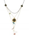 Your new feathered friend. This Betsey Johnson's three-row pendant necklace is detailed with duck and sunflower charms and sparkling crystal accents. Three chains crafted in gold tone mixed metal, glass pearls and crystal cups. Approximate length: 15 inches + 3-inch extender. Approximate drop: 4 inches.