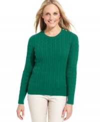Charter Club's cable-knit sweater is a cozy classic - buttons at the shoulder instantly elevate it, too! Charter Club's cable-knit sweater is a cozy classic - buttons at the shoulder instantly elevate it, too!