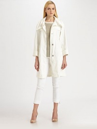 A fashion-forward collar flawlessly unites with classic trenchcoat details, including a waist-defining self belt.Oversized, fold-over collarGunflapsSnap closureFront zipperSelf-tie beltZipper pocketsRainflapAbout 37 from shoulder to hem74% linen/26% polyurethaneMachine washImported of Italian fabric Model shown is 5'11 (180cm) wearing US size Small. A fashion-forward collar flawlessly unites with classic trenchcoat details, including a waist-defining self belt.Oversized, fold-over collarGunflapsSnap closureFront zipperSelf-tie beltZipper pocketsRainflapAbout 37 from shoulder to hem74% linen/26% polyurethaneMachine washImported of Italian fabric Model shown is 5'11 (180cm) wearing US size Small.