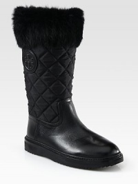 Soft rabbit fur tops this quilted nylon and leather essential, with a rubber trek sole for durability and added traction. Rubber heel, 1 (25mm)Rubber platform, ¾ (20mm)Shaft, 11¼Leg circumference, 13Nylon and leather upper with rabbit fur trimPull-on styleFleece liningRubber solePadded insoleImported Soft rabbit fur tops this quilted nylon and leather essential, with a rubber trek sole for durability and added traction. Rubber heel, 1 (25mm)Rubber platform, ¾ (20mm)Shaft, 11¼Leg circumference, 13Nylon and leather upper with rabbit fur trimPull-on styleFleece liningRubber solePadded insoleImported
